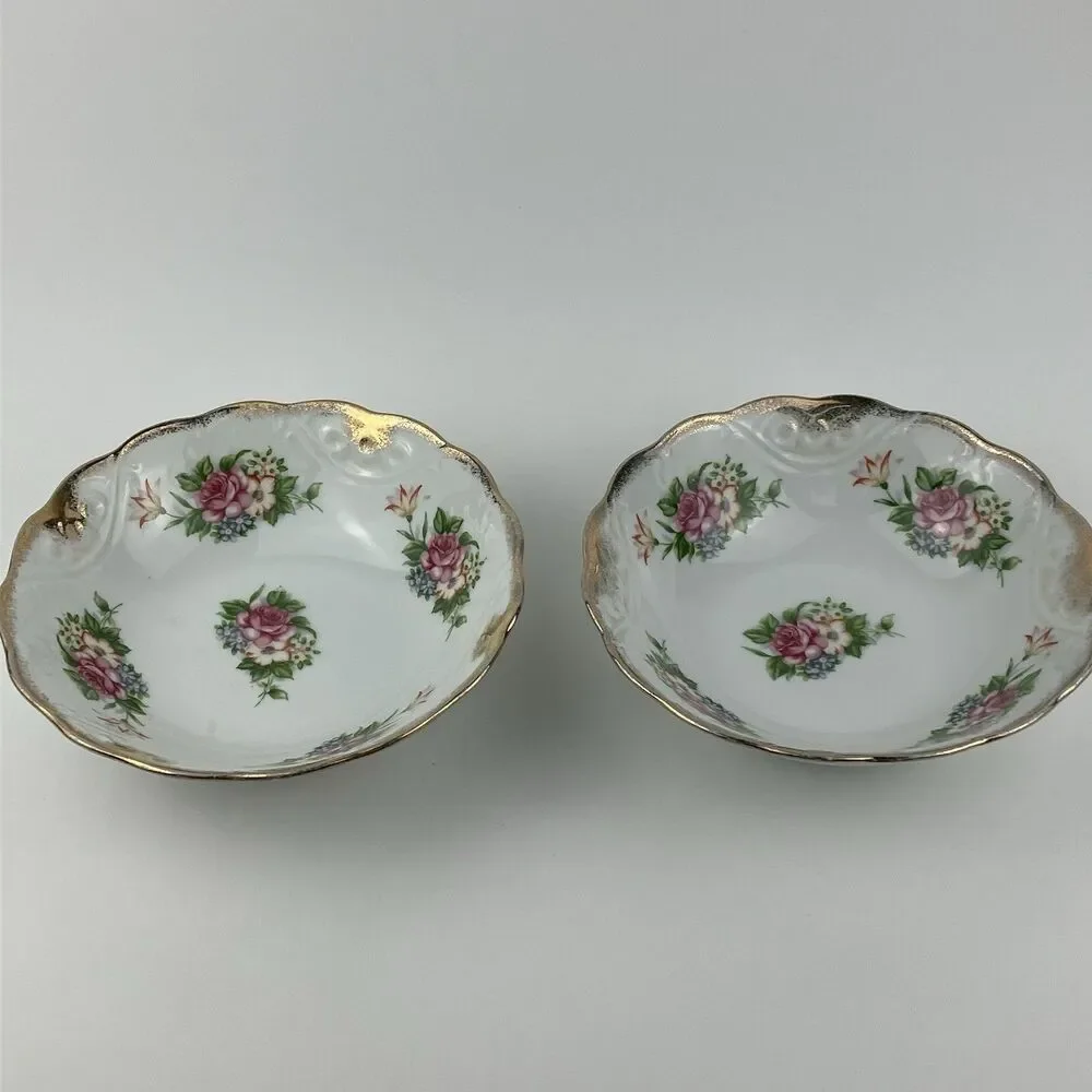 Vintage Porcelain Bowl Set Of 2 Classic Hand-Painted Pink Rose Floral  Gold Edge